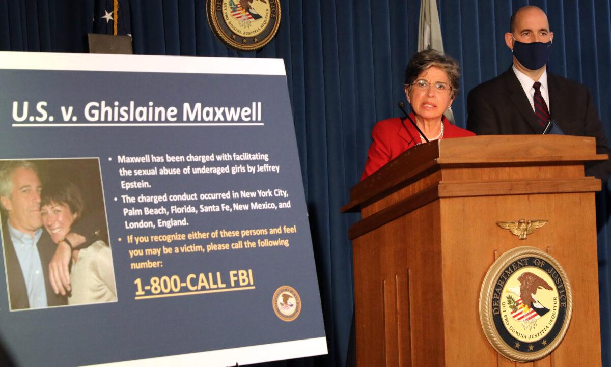 Audrey Strauss, acting US Attorney for the Southern District of New York, speaks to the media at a press conference to announce the arrest of Ghislaine Maxwell, the longtime girlfriend and accused accomplice of deceased accused sex-trafficker Jeffrey Epstein, in New York City, on July 2, 2020. (Spencer Platt/Getty Images)