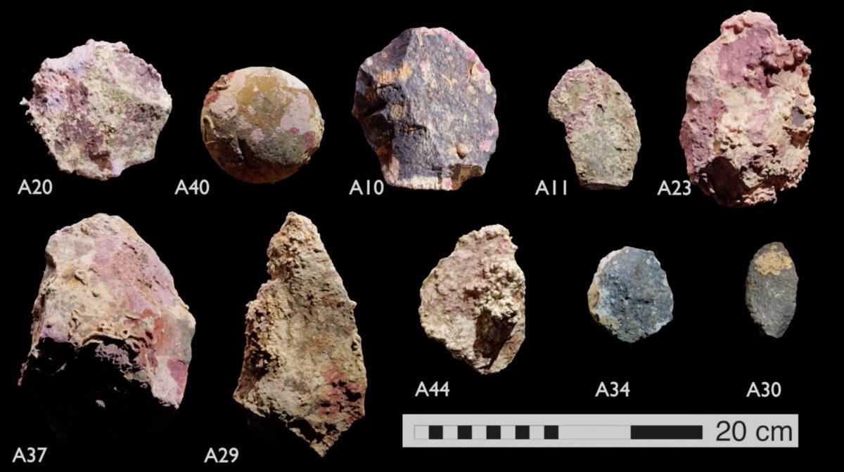 Underwater artefacts dated back thousands of years when the sea bed was dry land, found by researchers from Flinders University, University of Western Australia and James Cook University, are seen in this undated handout picture taken from a video. (Deep History of Sea Country Project Flinders University, Maritime Archaeology Program/Handout via Reuters)