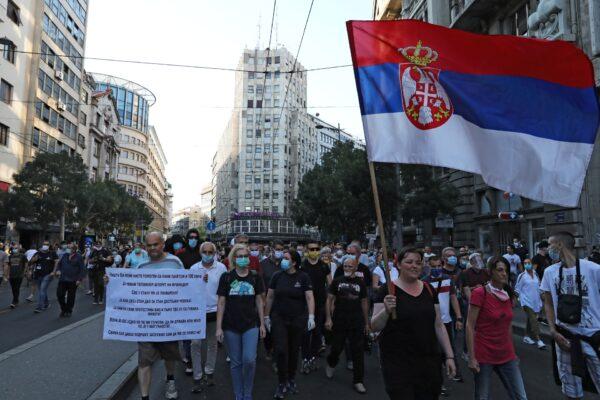 Demonstrators march during an anti-government rally, amid the spread of the disease (COVID-19), in Belgrade, Serbia, on July 8, 2020. (Marko Djurica/Reuters)