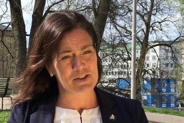 Swedish lawmaker Ann-Sofie Alm at an event to protest the persecution of Falun Dafa in China at the Chinese Consulate in Gothenburg, Sweden, on April 25, 2020. (Ella Kalogritsa)