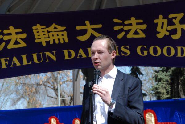 Conservative MP Michael Cooper speaks during the International Falun Dafa Day celebration in Edmonton on May 11, 2019. (Pingsan Qu/The Epoch Times)