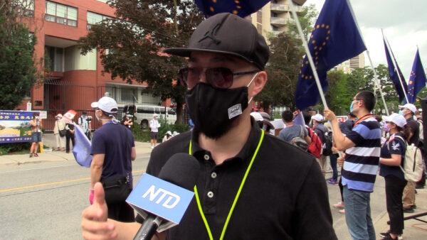 Event spokesperson Halley is interviewed by NTD Television. (NTD Television)