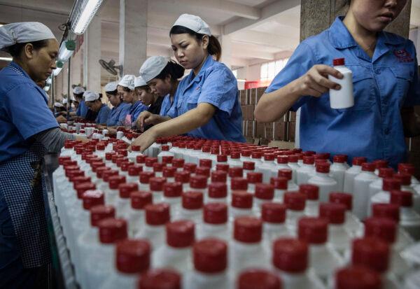 Chinese workers arrange bottles of locally-made baijiu liquor in Maotai, Guizhou Province, China, on Sept. 22, 2016. (Kevin Frayer/Getty Images)