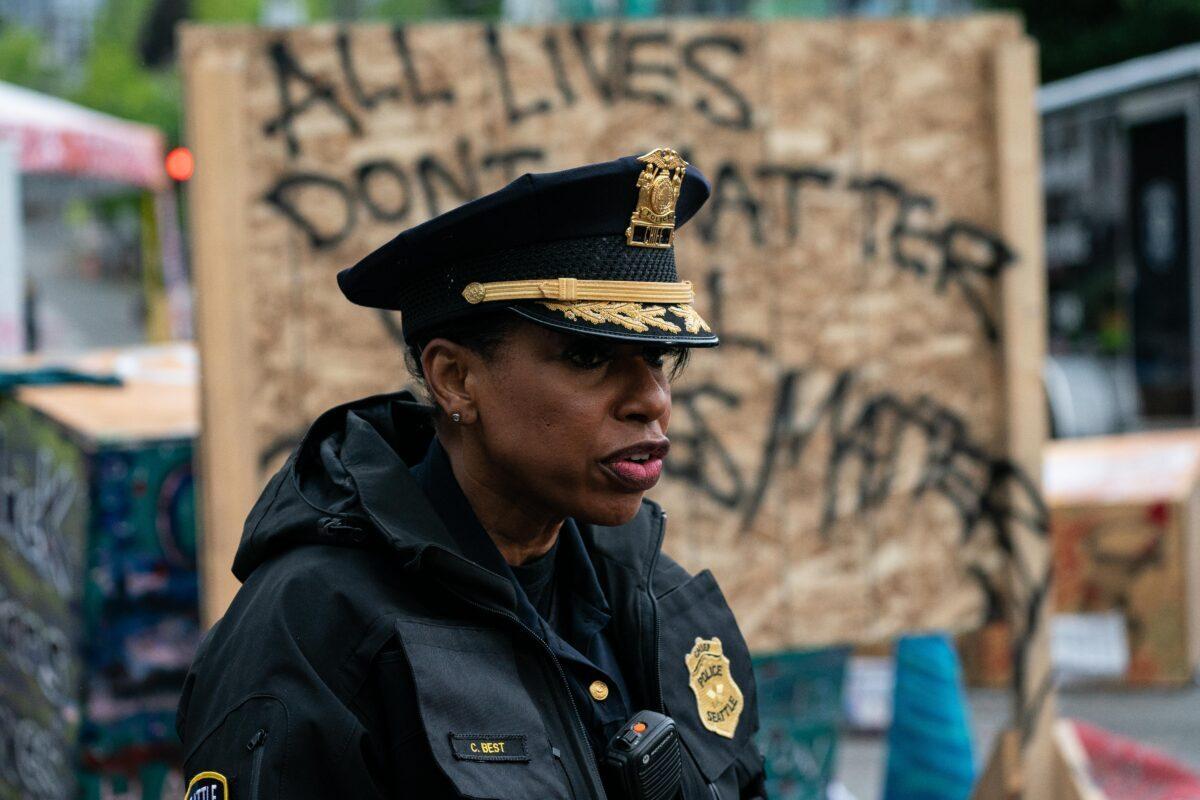 Seattle Police Chief Carmen Best addresses the press as city crews dismantle the Capitol Hill Organized Protest (CHOP) area outside of the Seattle Police Department's vacated East Precinct in Seattle, Washington, on July 1, 2020. Police reported making at least 31 arrests while clearing the CHOP area this morning. (David Ryder/Getty Images)
