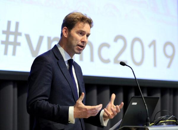 Tobias Ellwood MP speaking during the Veterans' Mental Health Conference at King's College London on Mar. 14, 2019. (Gareth Fuller - WPA Pool/Getty Images)