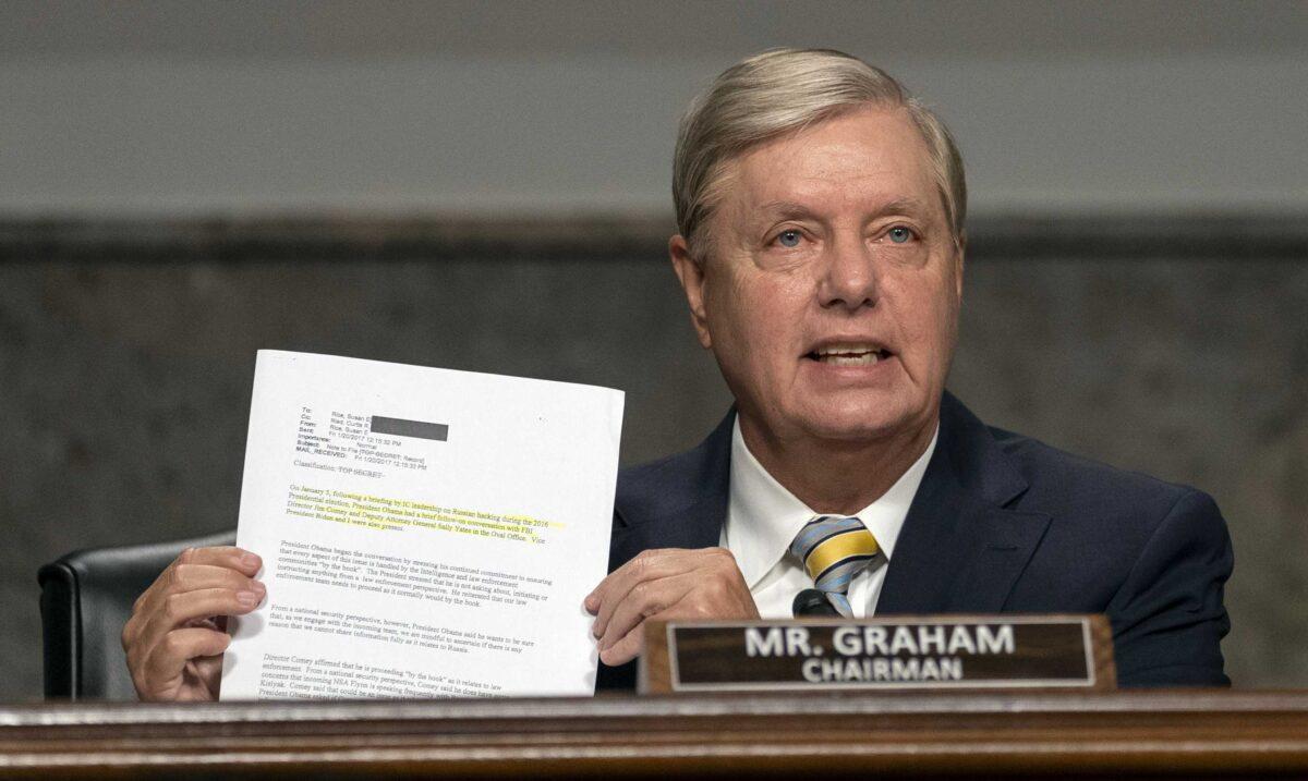 Senate Judiciary Chairman Lindsey Graham (R-S.C.) speaks during a Senate Judiciary Committee oversight hearing to examine the Crossfire Hurricane investigation, on Capitol Hill in Washington on Aug. 5, 2020. (Carolyn Kaster/Pool/AFP via Getty Images)