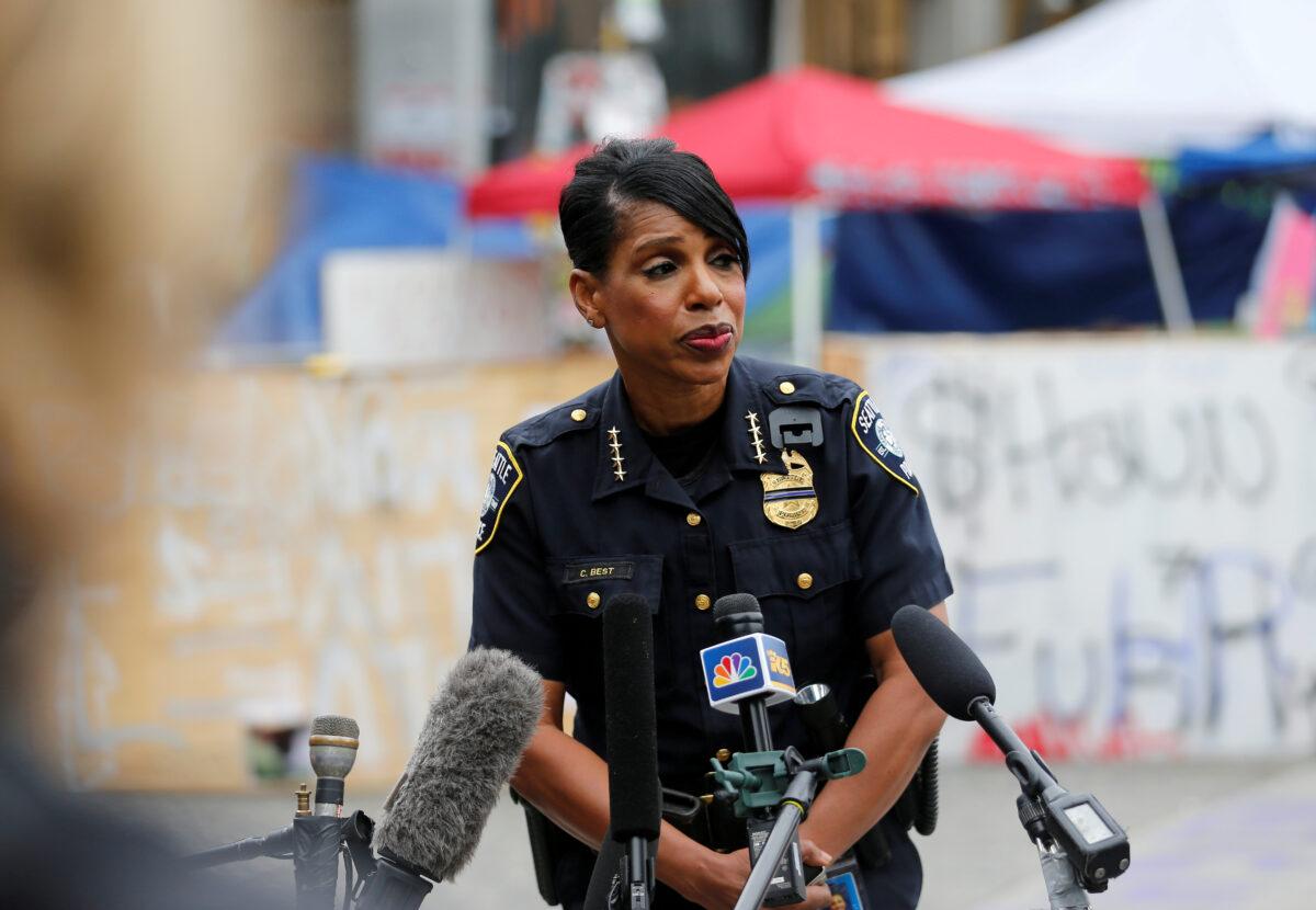 Seattle Police Chief Carmen Best holds a news conference inside the CHOP (Capitol Hill Organized Protest) area in Seattle, Wash., on June 29, 2020. (Lindsey Wasson/Reuters)