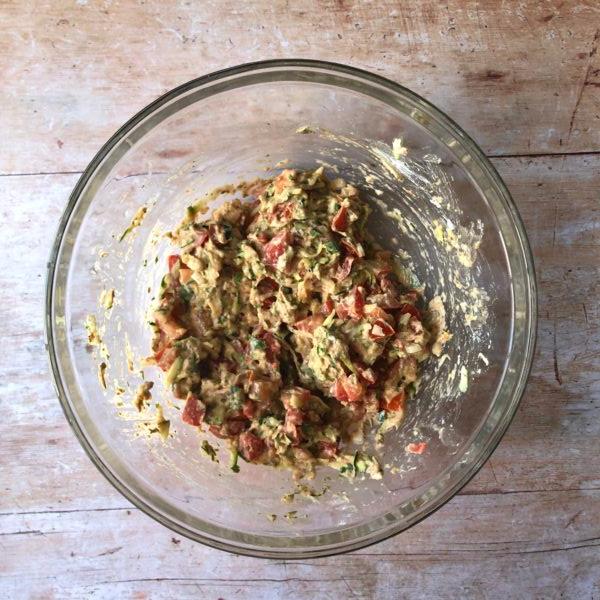 Mix your batter together and let it sit to bind together; it should hold together when you scoop some out with a spoon. (Courtesy of Helen and Billie Bitzas)