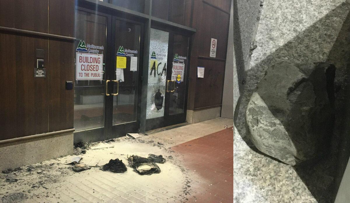 (L) Damage to the Multnomah County Building after rioting on Aug. 18, 2020, and (R) a rock used to cause damage. (Portland Police Bureau)