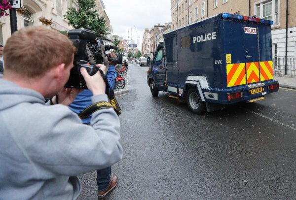 File Photo showing a vehicle carrying Hashem Abedi, the brother of Manchester Arena suicide bomber, as it leaves Westminster Magistrates Court in London on July 18, 2019. (AP/Frank Augstein)