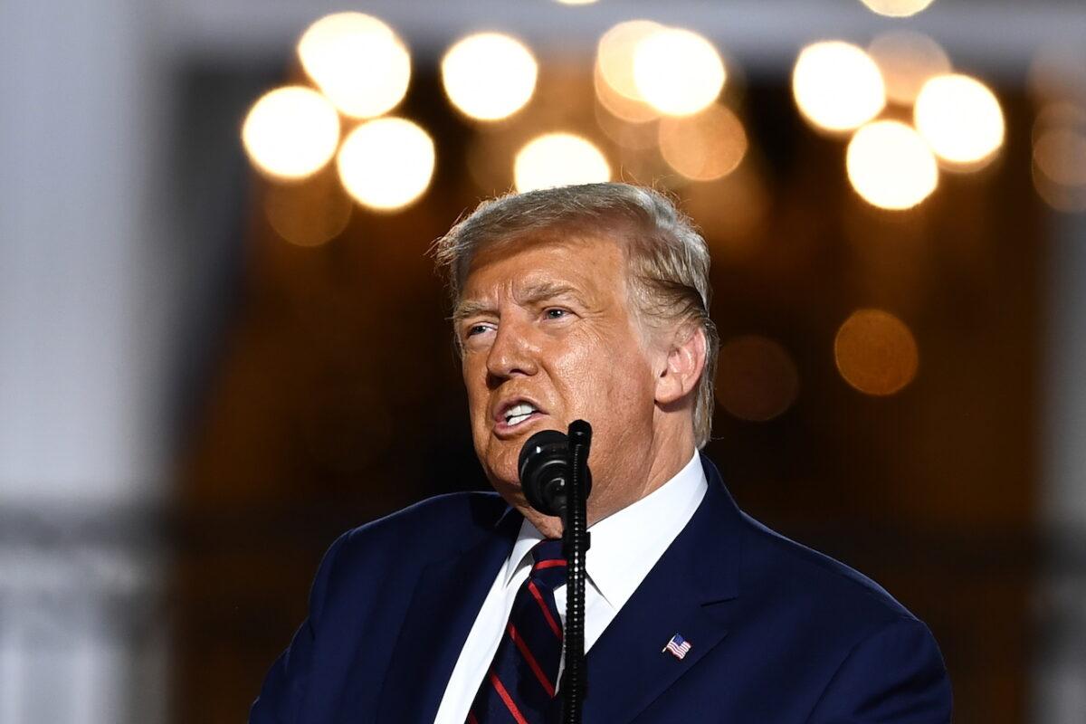President Donald Trump delivers his acceptance speech for the Republican Party nomination for reelection during the final day of the Republican National Convention from the South Lawn of the White House in Washington, on Aug. 27, 2020. (Brendan Smialowski/AFP via Getty Images)