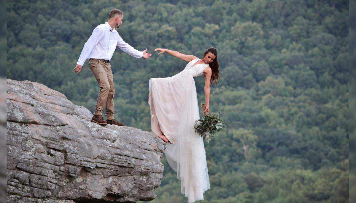 Adventure-Loving Couple Pose for a Jaw-Dropping Wedding Photoshoot at Edge of a Cliff