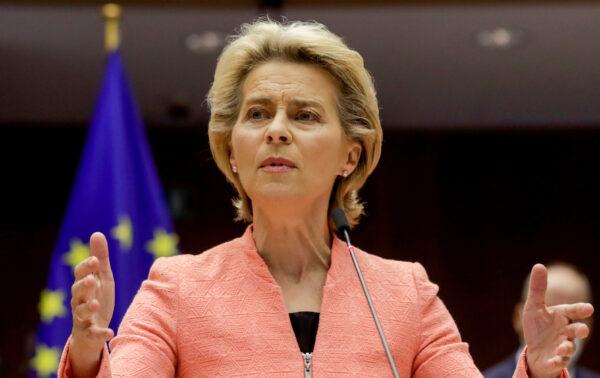 European Commission President Ursula von der Leyen gives her first State of the Union speech during a plenary session of European Parliament in Brussels, on Sept. 16, 2020. (Olivier Hoslet/pool via Reuters)