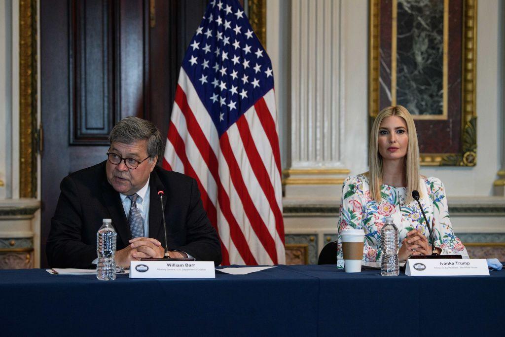 U.S. Attorney General William Barr and Ivanka Trump during a meeting on human trafficking at the Eisenhower Executive Office Building in Washington on Aug. 4, 2020 (NICHOLAS KAMM/AFP via Getty Images)