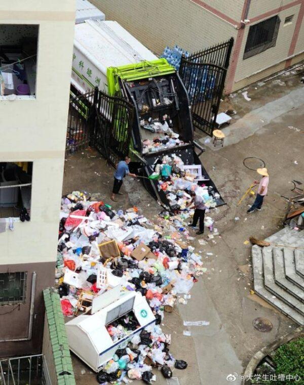 Trash piling up outside the dorms at the Guangzhou Institute of Technology, China. (Supplied)