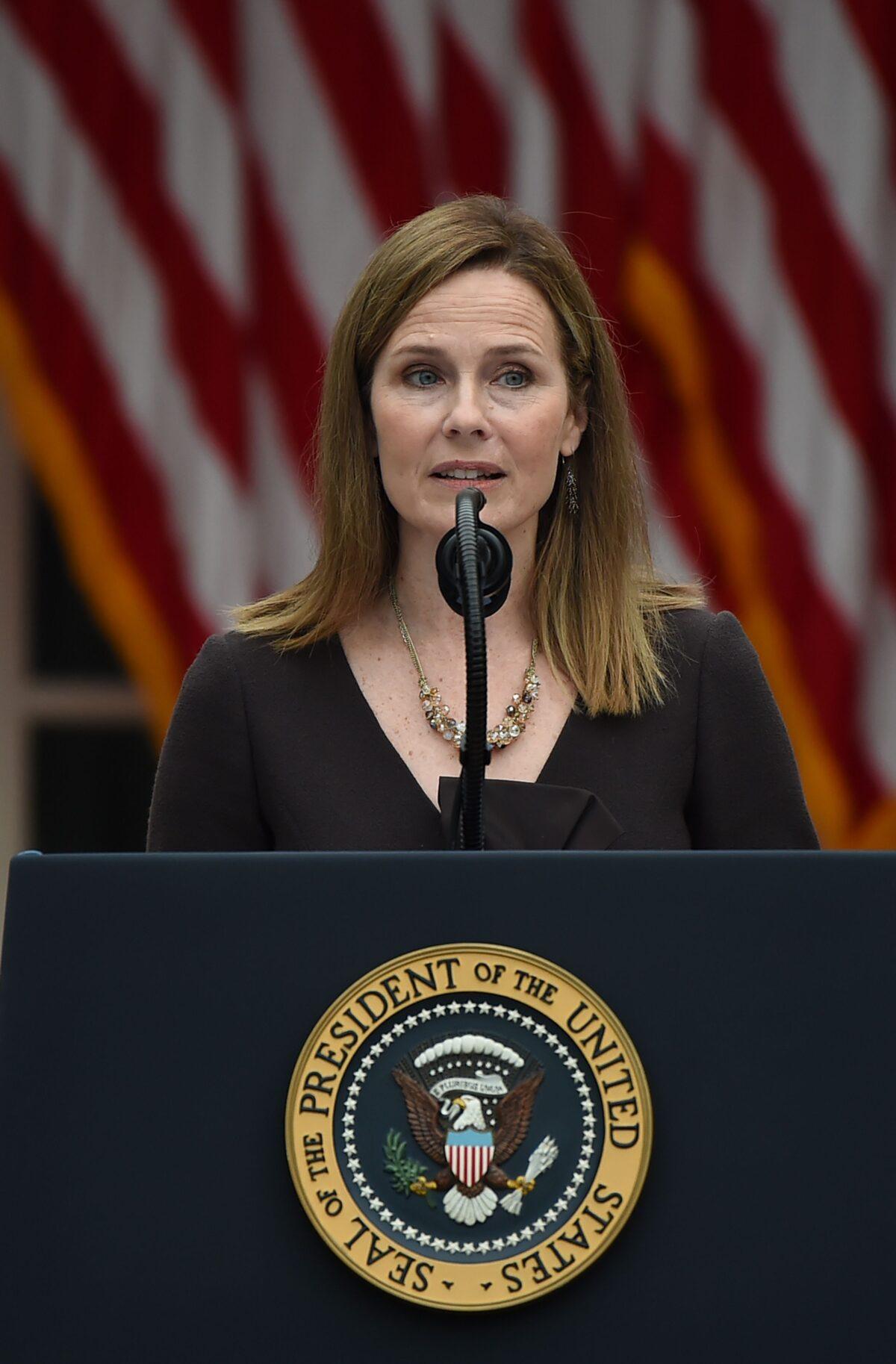 Seventh U.S. Circuit Court Judge Amy Coney Barrett speaks after being nominated to the Supreme Court, at the White House on Sept. 26, 2020. (Olivier Douliery/AFP via Getty Images)