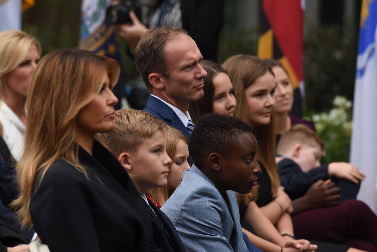 Seventh U.S. Circuit Court Judge Amy Coney Barrett's family and First Lady Melania Trump watch during Barrett's Supreme Court nomination ceremony, at the White House on Sept. 26, 2020. (Olivier Douliery/AFP via Getty Images)