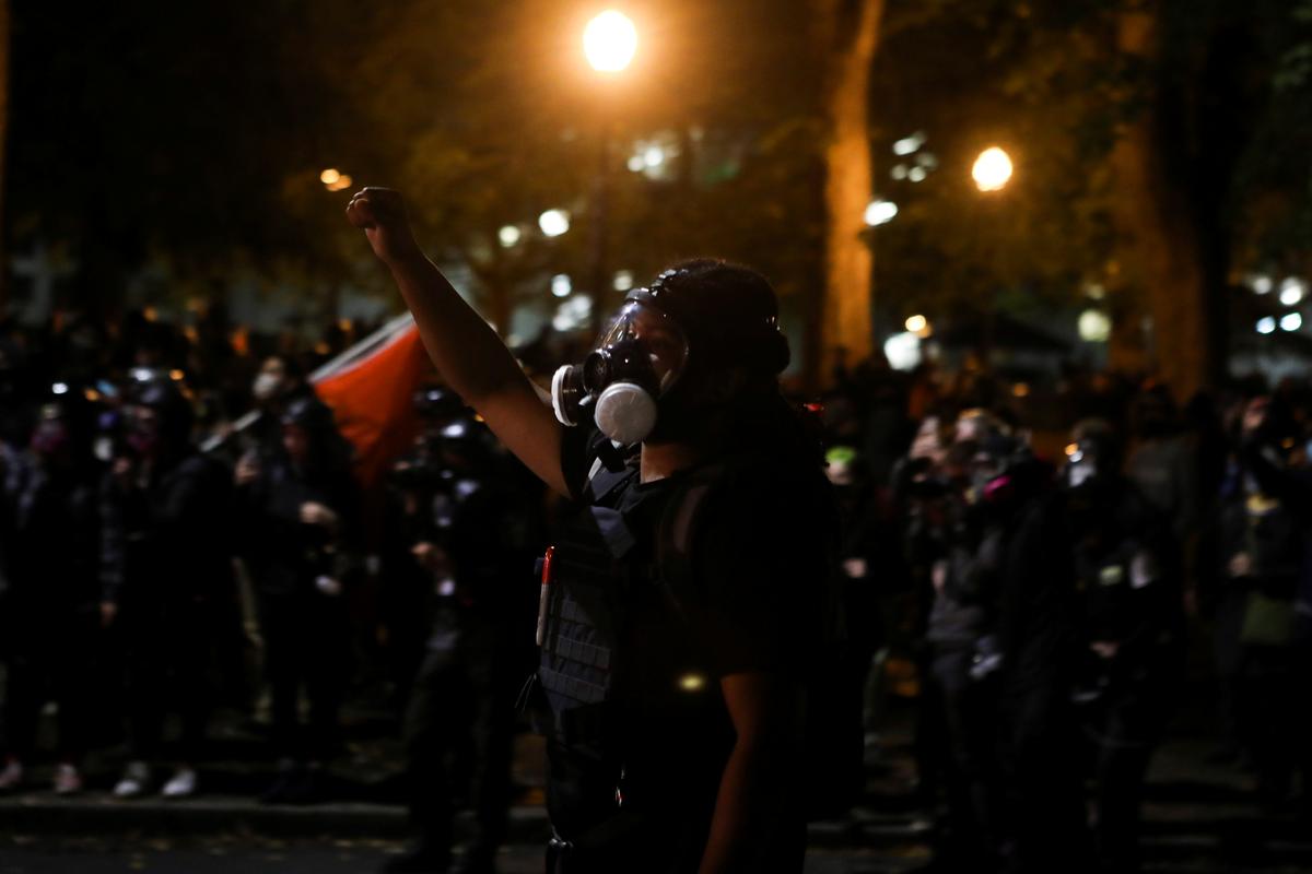A protester chants during a Black Lives Matter rally in Portland, Ore., on Sept. 26, 2020. (Jim Urquhart/Reuters)