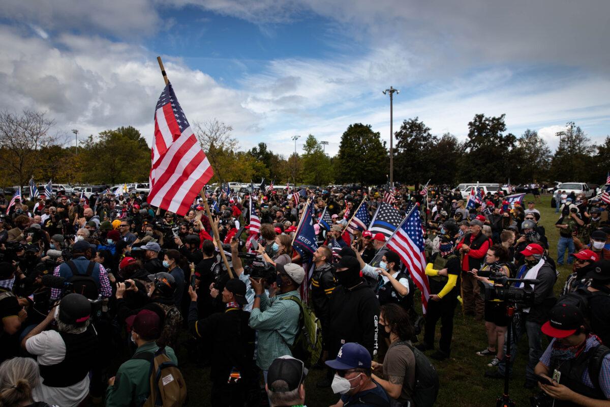Several hundred members of the Proud Boys and other similar groups gathered for a rally at Delta Park in Portland, Ore., on Sept. 26, 2020. (Maranie R. Staab/AFP via Getty Images)