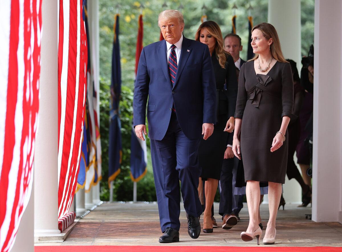 President Donald Trump arrives to introduce Judge Amy Coney Barrett as his nominee to the Supreme Court in the Rose Garden at the White House, in Washington, on Sept. 26, 2020. (Chip Somodevilla/Getty Images)