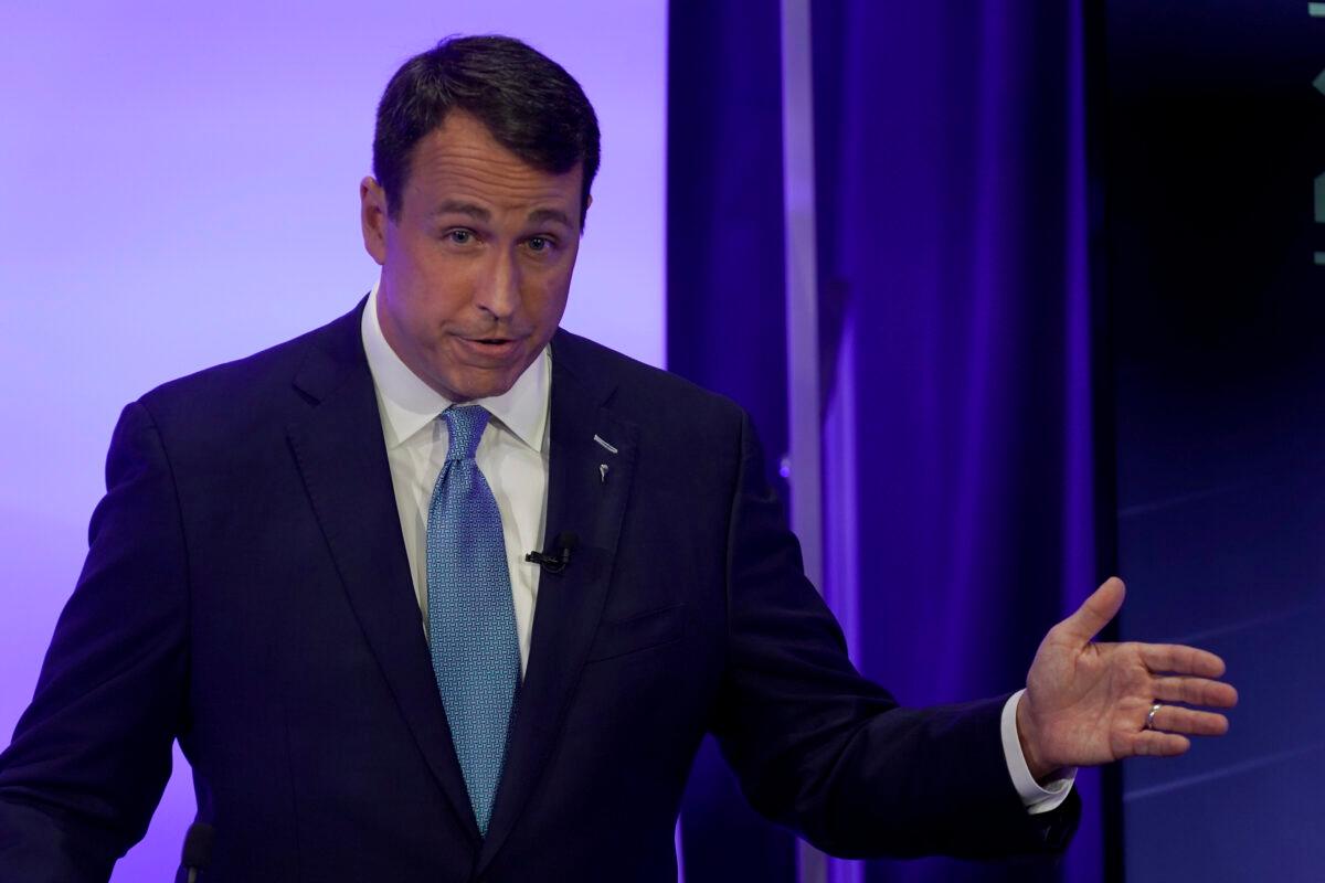Democratic challenger Cal Cunningham speaks during a televised debate with Sen. Thom Tillis (R-N.C.), in Raleigh, N.C., Oct. 1, 2020. (Gerry Broome, Pool/AP Photo)