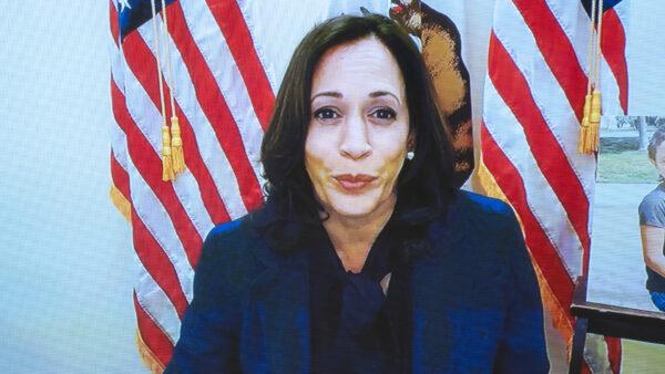 U.S. Sen. Kamala Harris (D-Calif.) speaks via video conference during a Senate Judiciary Committee confirmation hearing in Washington on Oct. 12, 2020. (Stefani Reynolds/Pool/Getty Images)