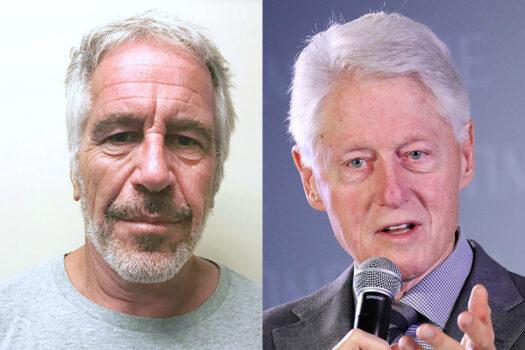 Jeffrey Epstein (L), in a file photo, and former President Bill Clinton speaks during the TIME 100 Health Summit in New York City on Oct. 17, 2019. (New York State Sex Offender Registry via AP; Brian Ach/Getty Images for TIME 100 Health Summit)
