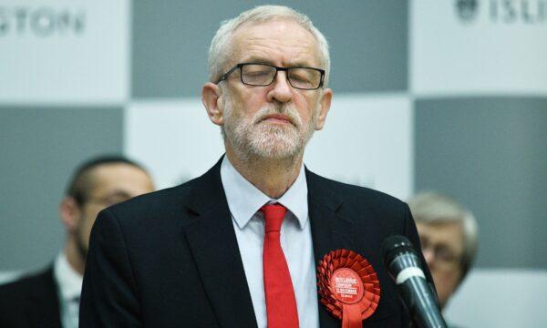 Jeremy Corbyn, then-leader of the Labour Party, pauses while speaking at the vote count in his Islington North constituency in London, on Dec. 12, 2019. (Leon Neal/Getty Images)
