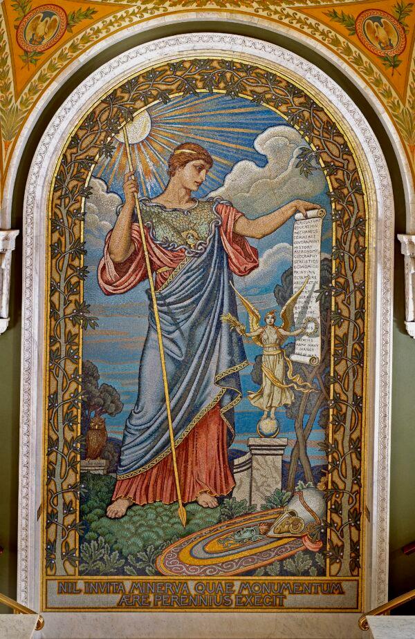 Mosaic of Minerva by American painter Elihu Vedder, in a central arched panel leading to the visitors' gallery. (Public Domain)