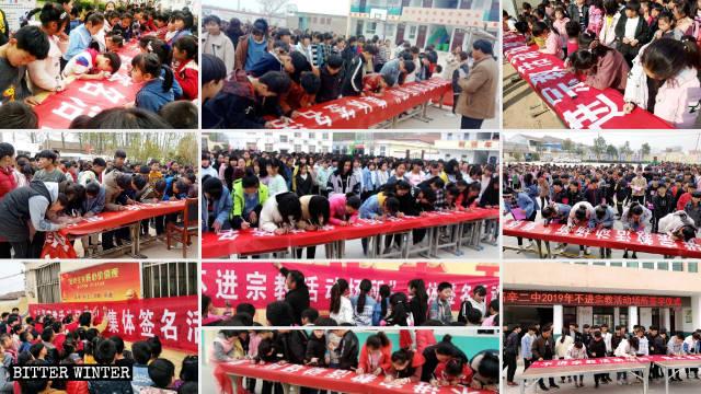 Students at primary and secondary schools in Gaoxin town sign their names on banners pledging not to enter any religious venues. (Courtesy of <a href="https://bitterwinter.org/the-grooming-of-chinese-atheists-starts-in-kindergartens/">Bitter Winter</a>)