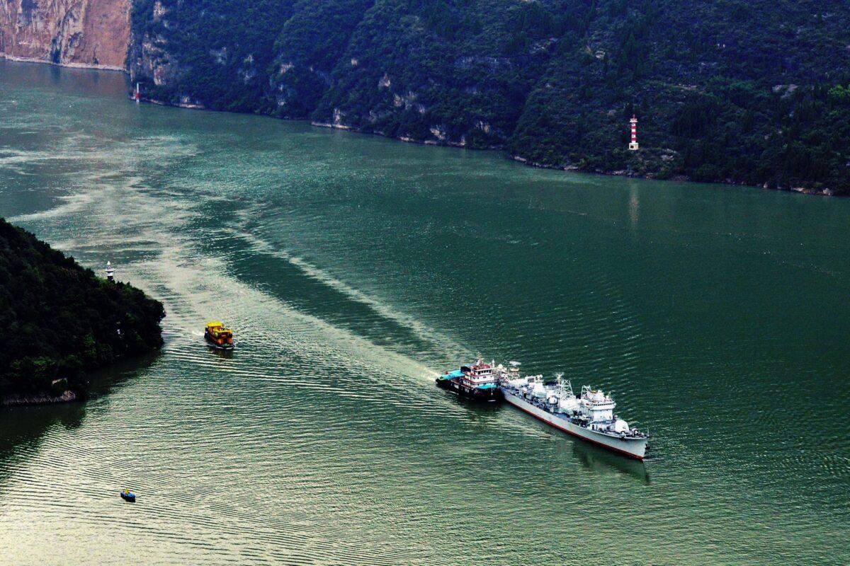A Chinese guided-missile destroyer is piloted on the Yangtze River in Chongqing Province, China, on Oct. 18, 2020. (STR/AFP via Getty Images)