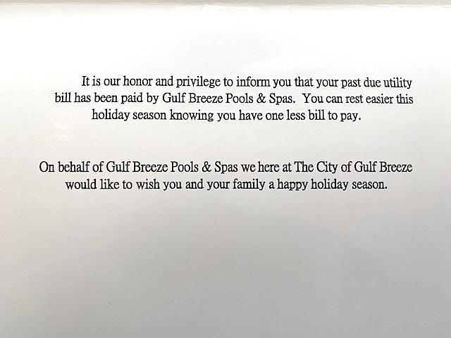 A card that was sent out by the utility authority in Gulf Breeze to all the families that Mike Esmond paid their bills for. (Courtesy of Mike Esmond)