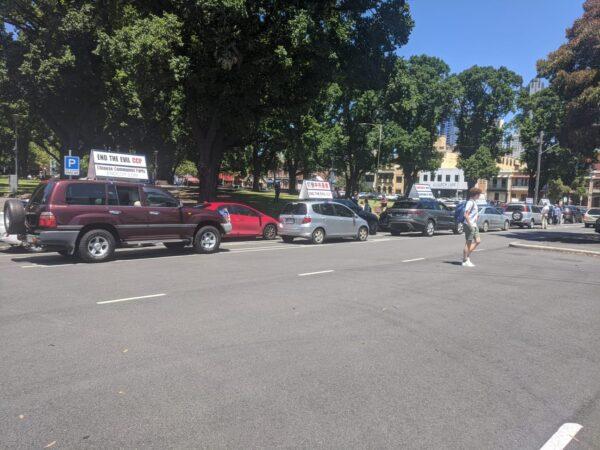 Cars line up for the end CCP rally in Melbourne during an End CCP car rally on Dec. 20, 2020. (Heidi Hoang/Epoch Times)