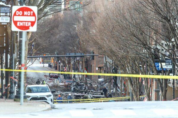Police close off an area damaged by an explosion on Christmas morning in Nashville, Tenn. on Dec. 25, 2020. (Terry Wyatt/Getty Images)