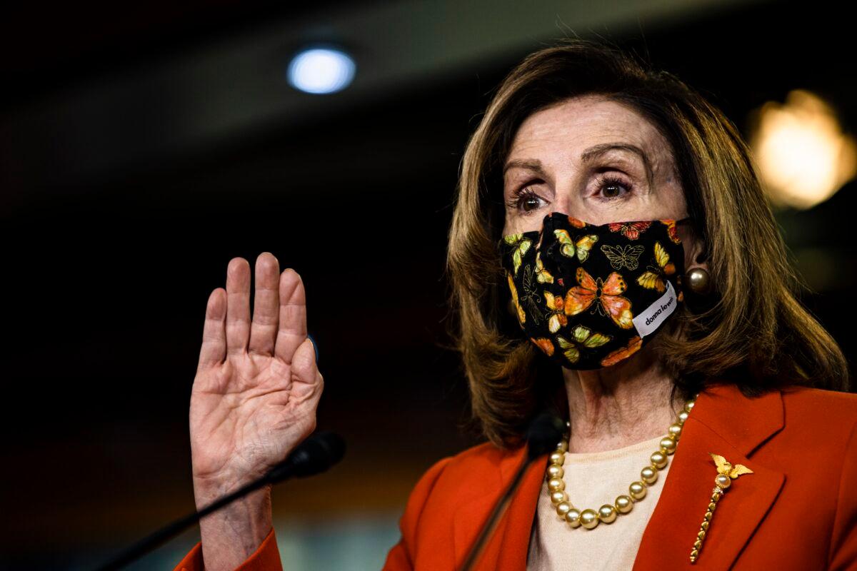 House Speaker Nancy Pelosi (D-Calif.) speaks to reporters in Washington on Jan. 15, 2021. (Samuel Corum/Getty Images)