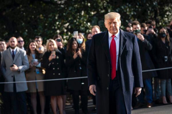 President Donald Trump turns to reporters as he exits the White House to walk toward Marine One on the South Lawn in Washington, on Jan. 12, 2021. (Drew Angerer/Getty Images)