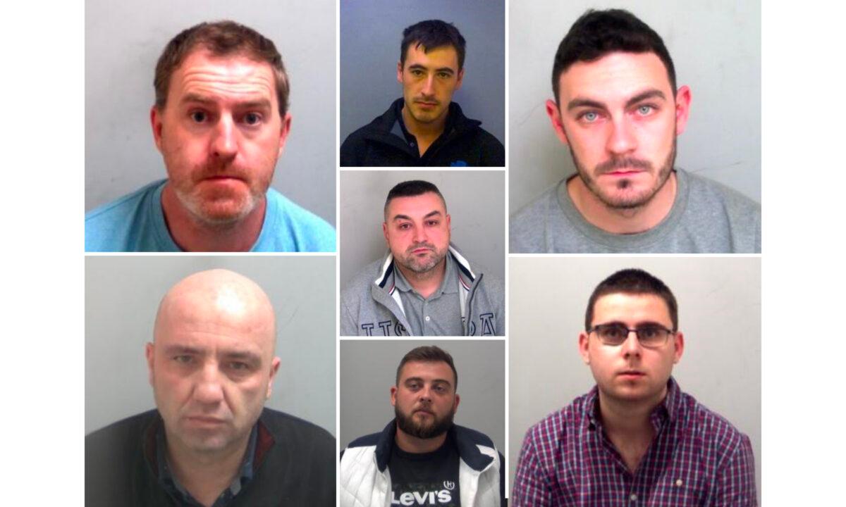 Undated photos of people sentenced for Vietnamese lorry deaths in 2019. (L) Ronan Hughes, Gheorghe Nica; (R) Maurice Robinson, Eamonn Harrison; (C) Christopher Kennedy, Valentin Colota, Alexandru Ovidiu in Essex, UK, on Jan. 22, 2021. (Courtesy of Essex Police)