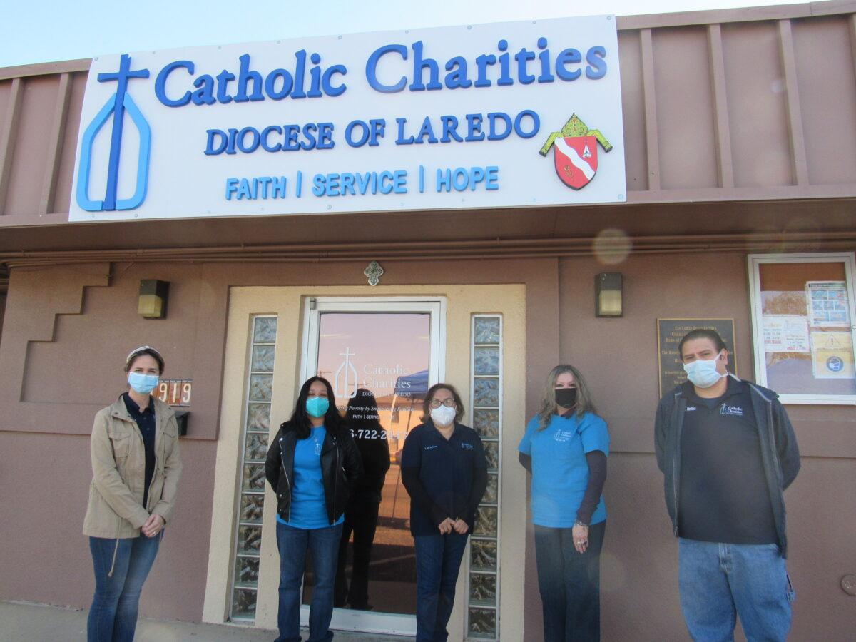 Teresa De la Garza (center), immigration representative at Catholic Social Services in Laredo, TX, with her colleagues (from left to right) Angeles Palacios, Vanessa Guerrero, Sandra Gutierrez, and Edgar Martinez. (Courtesy of Teresa De la Garza)