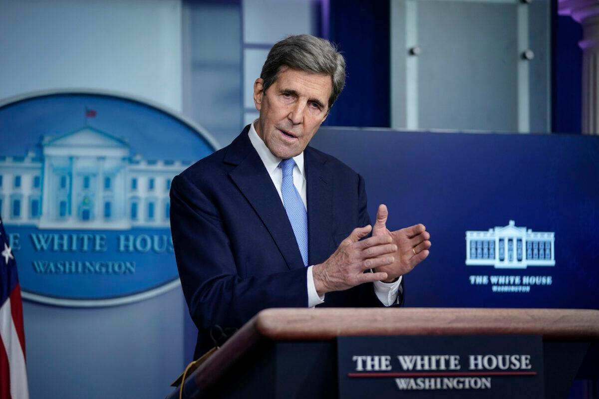 Special Presidential Envoy for Climate John Kerry speaks during a press briefing at the White House in Washington on Jan. 27, 2021. (Drew Angerer/Getty Images)