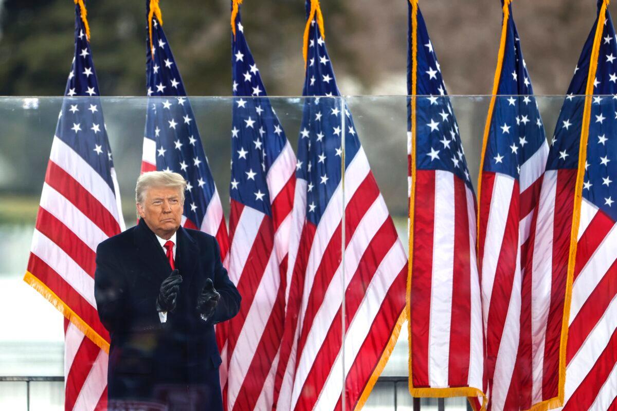 President Donald Trump greets the crowd at the "Stop The Steal" Rally in Washington, on Jan. 6, 2021. (Tasos Katopodis/Getty Images)