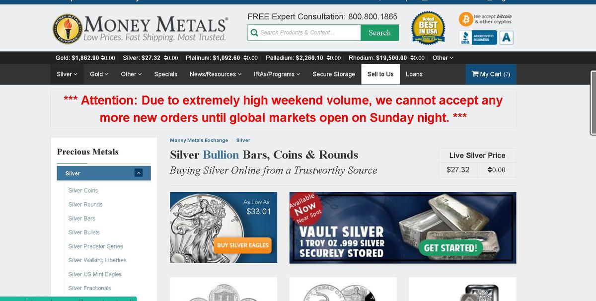 Major Dealers’ Websites Report Silver Shortages