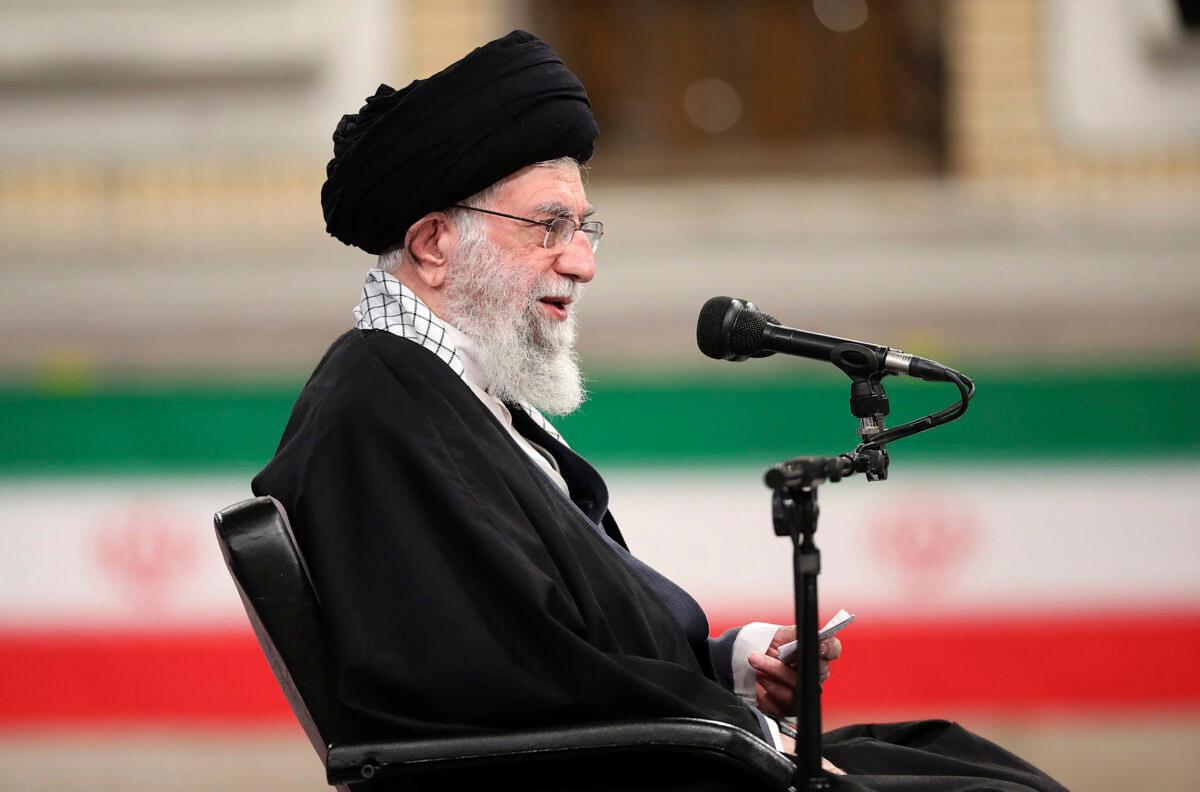 Iranian Supreme Leader Ayatollah Ali Khamenei speaks during a meeting with army's air force and air defense staff in Tehran, Iran, on Feb. 7, 2021. (Office of the Iranian Supreme Leader via AP)