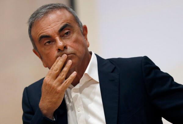 Former Nissan Motor Co. Chairman Carlos Ghosn holds a press conference at the Maronite Christian Holy Spirit University of Kaslik, Lebanon, on Sept. 29, 2020. (Hussein Malla/ AP Photo)