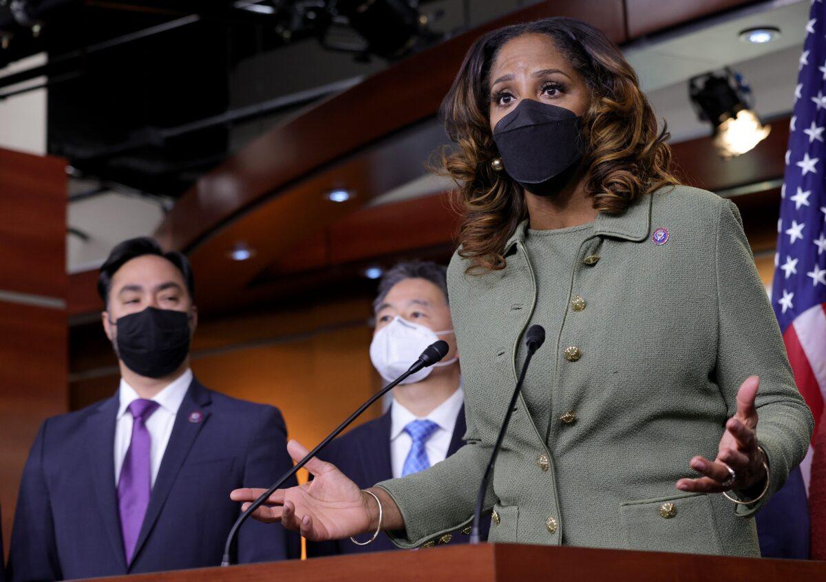 Del. Stacey Plaskett (D-Virgin Islands) answers questions at a press conference after the conclusion of former President Donald Trump's second impeachment trial in Washington on Feb. 13, 2021. (Win McNamee/Getty Images)