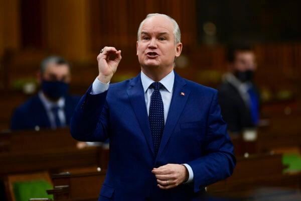 Conservative Leader Erin O'Toole rises during question period in the House of Commons on Parliament Hill on Feb. 17, 2021. (Sean Kilpatrick/The Canadian Press)