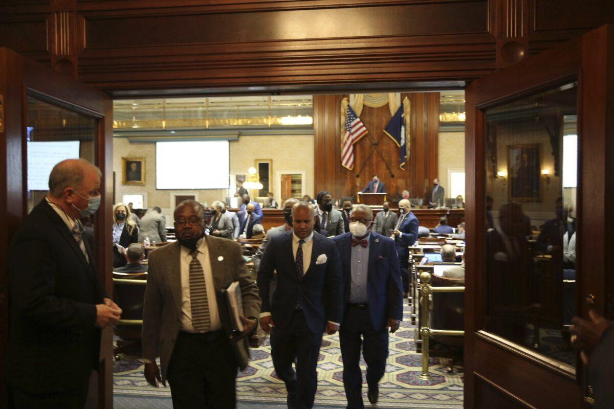 South Carolina Democrats walkout as an abortion bill is debated in Columbia, S.C., on Feb. 17, 2021. (Jeffrey Collins/AP Photo)