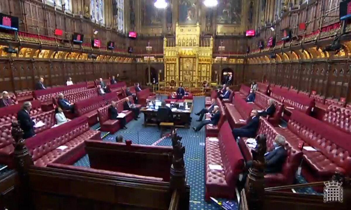 Peers debate about the genocide amendment in the House of Lords chamber, in Westminster, London, on Feb. 23, 2021. (Parliamentlive.tv/Screenshot)