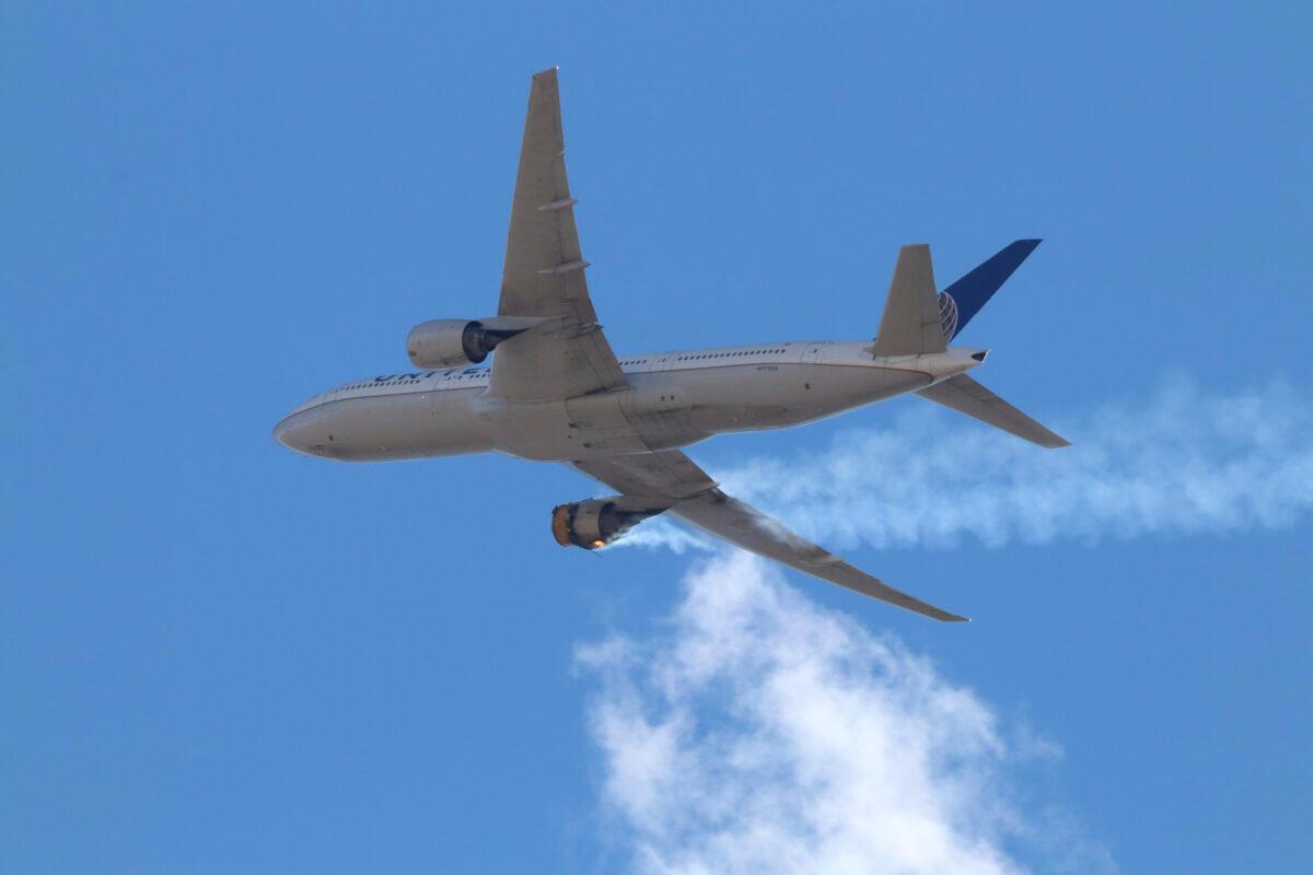 United Airlines Flight 328 is approaching Denver International Airport, after experiencing a "right-engine failure" shortly after takeoff from Denver, Colo., on Feb. 20, 2021. (Hayden Smith via AP)