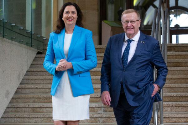 Qld Premier Annastacia Palaszczuk and AOC President John Coates arrive at a press conference after IOC announced targeted dialogue for the 2032 Brisbane Olympic Games bid at Queensland Parliament House on February 25, 2021, in Brisbane, Australia. (Jono Searle/Getty Images)
