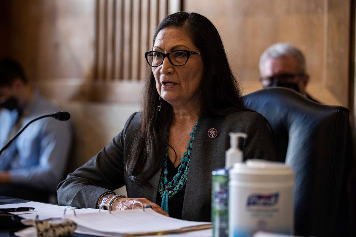 Rep. Deb Haaland (D-N.M.) speaks during a Senate hearing on her nomination to be Interior secretary, in Washington on Feb. 23, 2021. (Graeme Jennings/Pool via AP)